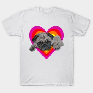 Adorable realistic pug painting on a digital vibrant heart T-Shirt